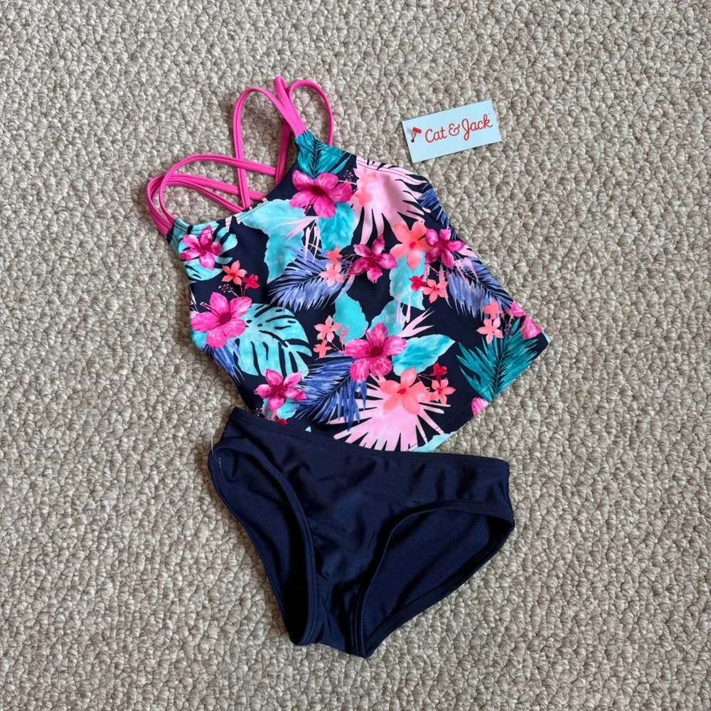 Cat & Jack Girls Floral Tankini‎ Swimsuit Set Size XS (4/5) -New with Tags